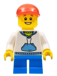 LEGO White Hoodie with Blue Pockets, Blue Short Legs, Red Short Bill Cap minifigure