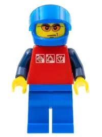 LEGO Red Shirt with 3 Silver Logos, Dark Blue Arms, Blue Legs, Blue Helmet, Orange Sunglasses minifigure