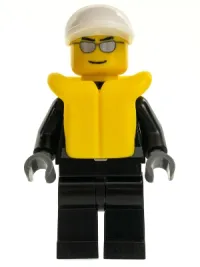 LEGO Police - City Leather Jacket with Gold Badge, White Short Bill Cap, Silver Sunglasses, Life Jacket minifigure