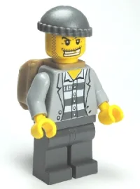 LEGO Police - Jail Prisoner Jacket over Prison Stripes, Dark Bluish Gray Legs, Dark Bluish Gray Knit Cap, Gold Tooth, Backpack minifigure