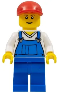 LEGO Overalls Blue over V-Neck Shirt, Blue Legs, Red Short Bill Cap minifigure