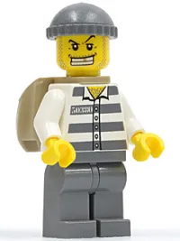 LEGO Police - Jail Prisoner 50380 Prison Stripes, Dark Bluish Gray Legs, Dark Bluish Gray Knit Cap, Gold Tooth, Backpack minifigure