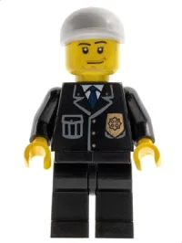LEGO Police - City Suit with Blue Tie and Badge, Black Legs, White Short Bill Cap, Smirk and Stubble Beard minifigure