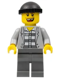 LEGO Police - Jail Prisoner Jacket over Prison Stripes, Dark Bluish Gray Legs, Black Knit Cap, Missing Tooth minifigure