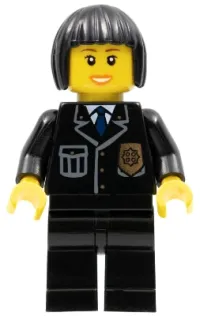 LEGO Police - City Suit with Blue Tie and Badge, Black Legs, Black Bob Cut Hair minifigure