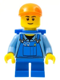 LEGO Overalls with Tools in Pocket Blue, Orange Short Bill Cap, Blue Short Legs, D-Basket, Black Eyebrows minifigure
