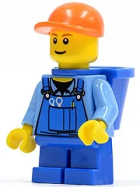 LEGO Overalls with Tools in Pocket Blue, Orange Short Bill Cap, Blue Short Legs, D-Basket, Reddish Brown Eyebrows minifigure