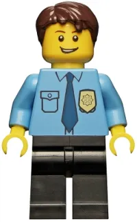 LEGO Police - City Shirt with Dark Blue Tie and Gold Badge, Black Legs, Dark Brown Short Tousled Hair minifigure