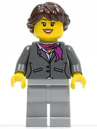 LEGO Dark Bluish Gray Jacket with Magenta Scarf, Light Bluish Gray Legs, Dark Brown Hair Ponytail Long French Braided, Black Eyebrows minifigure