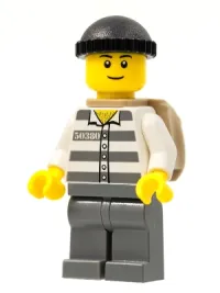 LEGO Police - Jail Prisoner 50380 Prison Stripes, Dark Bluish Gray Legs, Black Knit Cap, Black Eyebrows, Thin Grin, Backpack minifigure