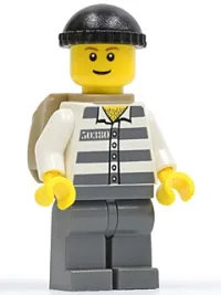 LEGO Police - Jail Prisoner 50380 Prison Stripes, Dark Bluish Gray Legs, Black Knit Cap, Reddish Brown Eyebrows, Thin Grin, Backpack minifigure