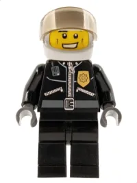 LEGO Police - City Leather Jacket with Gold Badge and 'POLICE' on Back, White Helmet, Trans-Black Visor minifigure