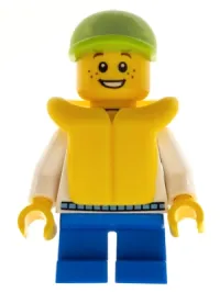 LEGO White Hoodie with Blue Pockets, Blue Short Legs, Lime Short Bill Cap, Life Jacket minifigure