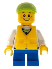 LEGO White Hoodie with Blue Pockets, Blue Short Legs, Lime Short Bill Cap, Life Jacket Center Buckle minifigure
