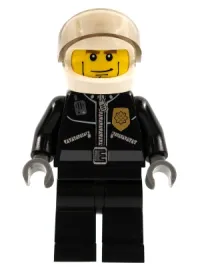 LEGO Police - City Leather Jacket with Gold Badge and 'POLICE' on Back, White Helmet, Trans-Black Visor, Cheek Lines minifigure