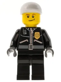 LEGO Police - City Leather Jacket with Gold Badge and 'POLICE' on Back, White Short Bill Cap, Lopsided Smile minifigure