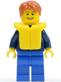 LEGO Plaid Button Shirt, Blue Legs, Dark Orange Short Tousled Hair, Yellow Life Jacket, Thin Grin with Teeth minifigure