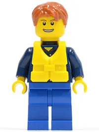 LEGO Plaid Button Shirt, Blue Legs, Dark Orange Short Tousled Hair, Yellow Life Jacket Center Buckle, Thin Grin with Teeth minifigure