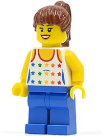 LEGO Shirt with Female Rainbow Stars Pattern, Blue Legs, Reddish Brown Ponytail Hair, Black Eyebrows minifigure