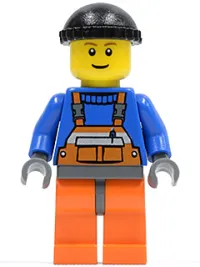 LEGO Overalls with Safety Stripe Orange, Orange Legs and Dark Bluish Gray Hips, Black Knit Cap minifigure