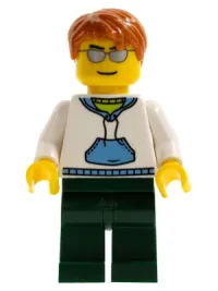 LEGO White Hoodie with Blue Pockets, Dark Green Legs, Dark Orange Short Tousled Hair minifigure
