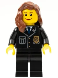 LEGO Police - City Suit with Blue Tie and Badge, Black Legs, Reddish Brown Female Hair over Shoulder minifigure