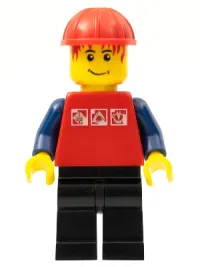 LEGO Red Shirt with 3 Silver Logos, Dark Blue Arms, Black Legs, Messy Red Hair, Red Construction Helmet minifigure