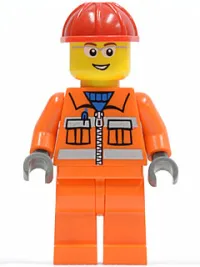 LEGO Construction Worker - Orange Zipper, Safety Stripes, Orange Arms, Orange Legs, Red Construction Helmet, Glasses with Gray Side Frames (Crane Operator) minifigure