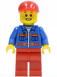 LEGO Blue Jacket with Pockets and Orange Stripes, Red Legs, Red Short Bill Cap minifigure