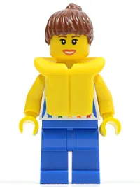 LEGO Shirt with Female Rainbow Stars Pattern, Blue Legs, Reddish Brown Ponytail Hair, Life Jacket minifigure