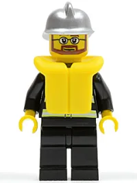 LEGO Fire - Reflective Stripes, Black Legs, Silver Fire Helmet, Beard and Glasses, Life Jacket minifigure