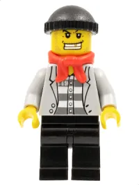 LEGO Police - Jail Prisoner Jacket over Prison Stripes, Black Legs, Black Knit Cap, Gold Tooth, Bandana minifigure