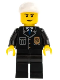 LEGO Police - City Suit with Blue Tie and Badge, Black Legs, White Short Bill Cap, Scowl minifigure