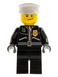 LEGO Police - City Leather Jacket with Gold Badge and 'POLICE' on Back, White Hat, Lopsided Smile minifigure