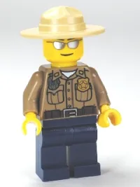 LEGO Forest Police - Dark Tan Shirt with Pockets, Radio and Gold Badge, Dark Blue Legs, Campaign Hat, Silver Sunglasses minifigure