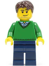 LEGO Green V-Neck Sweater, Dark Blue Legs, Dark Brown Short Tousled Hair, Smirk and Stubble Beard minifigure