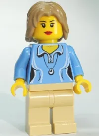 LEGO Medium Blue Female Shirt with Two Buttons and Shell Pendant, Tan Legs, Dark Tan Mid-Length Tousled Hair minifigure