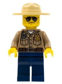 LEGO Forest Police - Dark Tan Shirt with Pockets, Radio and Gold Badge, Dark Blue Legs, Campaign Hat, Black and Silver Sunglasses minifigure