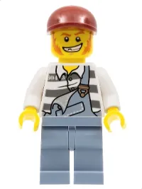 LEGO Police - Jail Prisoner Torn Overalls over Prison Stripes, Sand Blue Legs, Dark Red Short Bill Cap minifigure