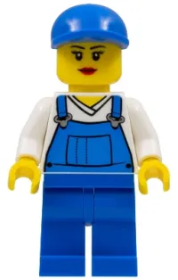 LEGO Overalls Blue over V-Neck Shirt, Blue Legs, Blue Short Bill Cap, Eyelashes and Smile minifigure