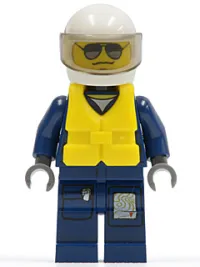 LEGO Forest Police - Helicopter Pilot, Dark Blue Flight Suit with Badge, Helmet, Life Jacket Center Buckle, Black and Pearl Dark Gray Sunglasses minifigure