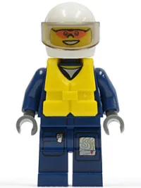 LEGO Forest Police - Helicopter Pilot, Dark Blue Flight Suit with Badge, Helmet, Life Jacket Center Buckle, Orange Sunglasses minifigure
