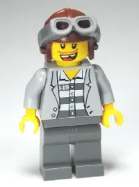 LEGO Police - Jail Prisoner Jacket over Prison Stripes, Dark Bluish Gray Legs, Aviator Cap and Goggles, Missing Tooth minifigure
