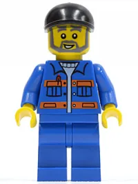 LEGO Blue Jacket with Pockets and Orange Stripes, Blue Legs, Black Short Bill Cap, Gray Beard minifigure