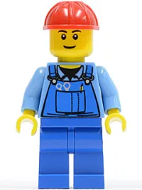 LEGO Overalls with Tools in Pocket Blue, Red Construction Helmet, Black Eyebrows, Thin Grin minifigure