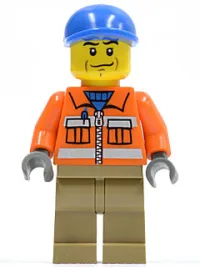 LEGO Construction Worker - Orange Zipper, Safety Stripes, Orange Arms, Dark Tan Legs, Blue Short Bill Cap minifigure