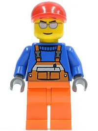 LEGO Overalls with Safety Stripe Orange, Orange Legs, Red Short Bill Cap, Silver Sunglasses minifigure