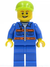 LEGO Blue Jacket with Pockets and Orange Stripes, Blue Legs, Lime Short Bill Cap, Open Grin minifigure
