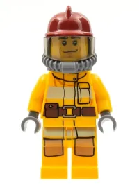 LEGO Fire - Bright Light Orange Fire Suit with Utility Belt, Dark Red Fire Helmet, Yellow Air Tanks, Black Eyebrows, Chin Dimple minifigure