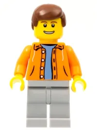 LEGO Orange Jacket with Hood over Light Blue Sweater, Light Bluish Gray Legs, Reddish Brown Male Hair minifigure